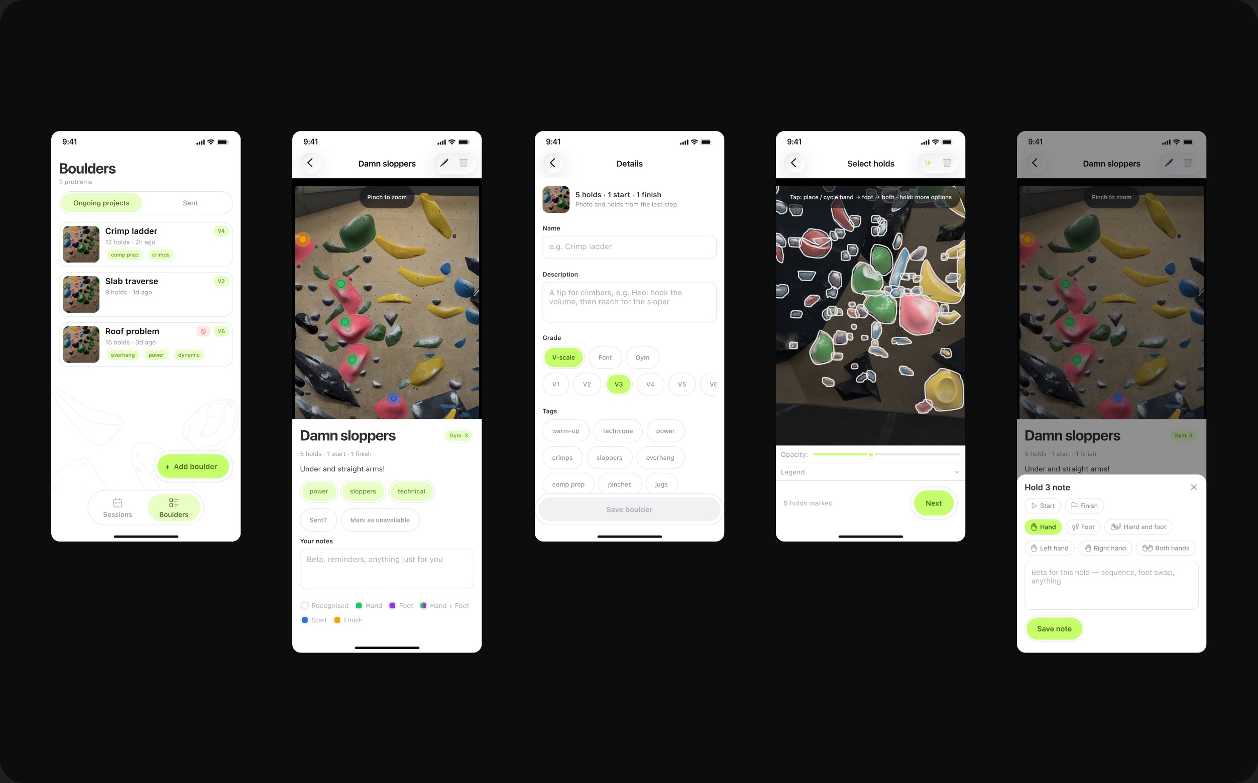 Five Grippy app screens: boulder list, boulder preview, details, hold selection and notes