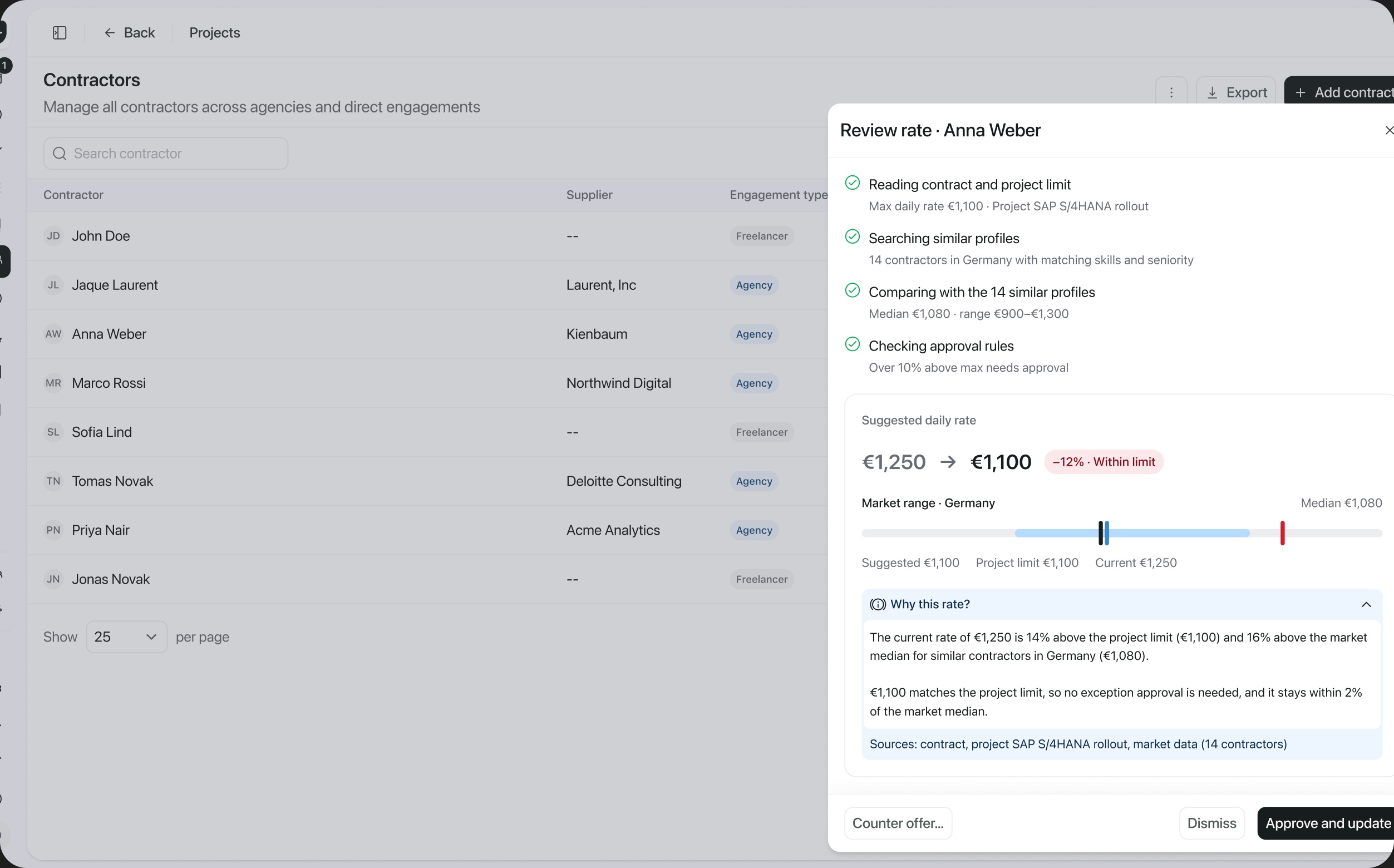 Vendor Management System contractors table with an AI agent panel on top