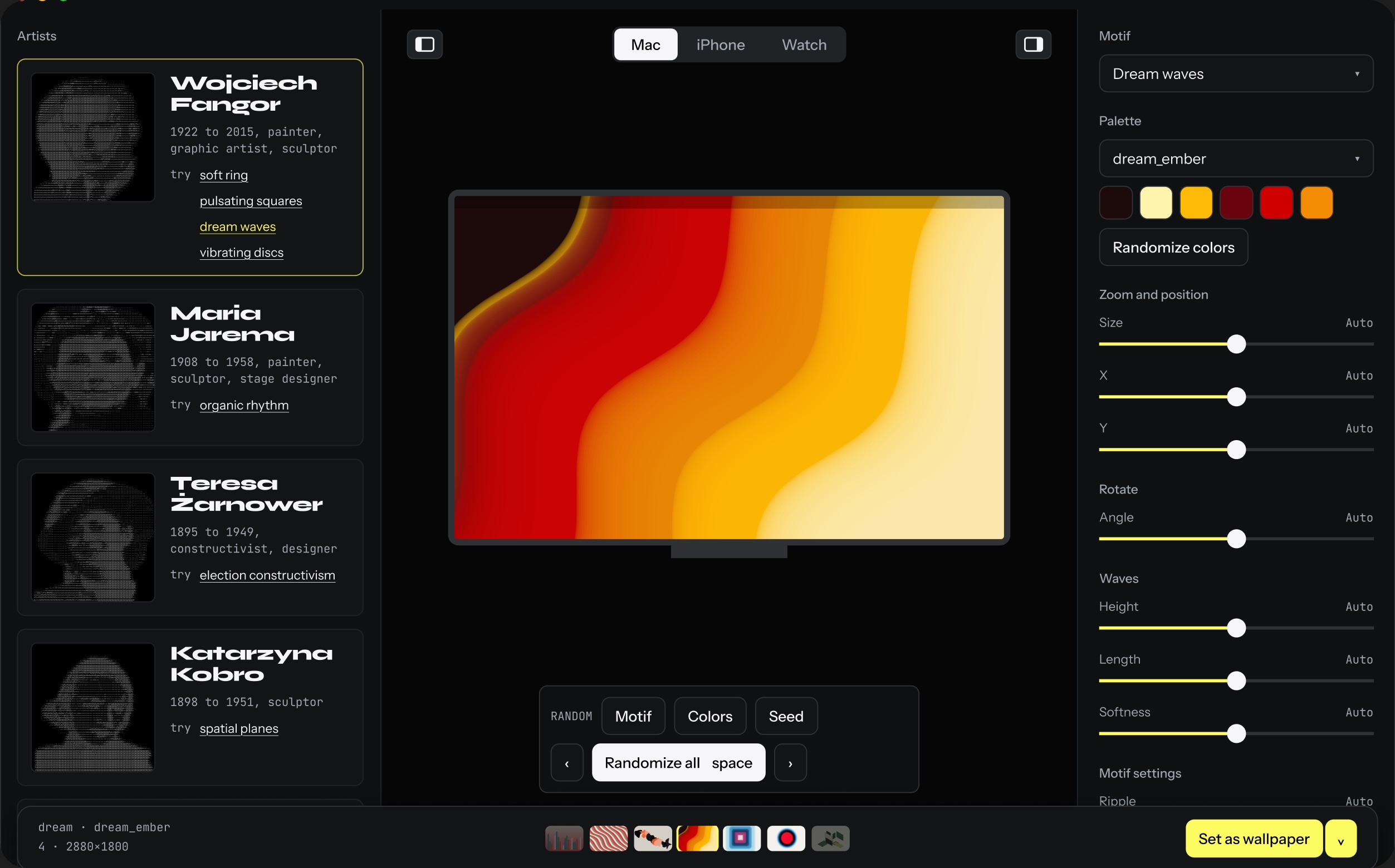 Study of Space, Mac app with the artists panel and a wave poster preview